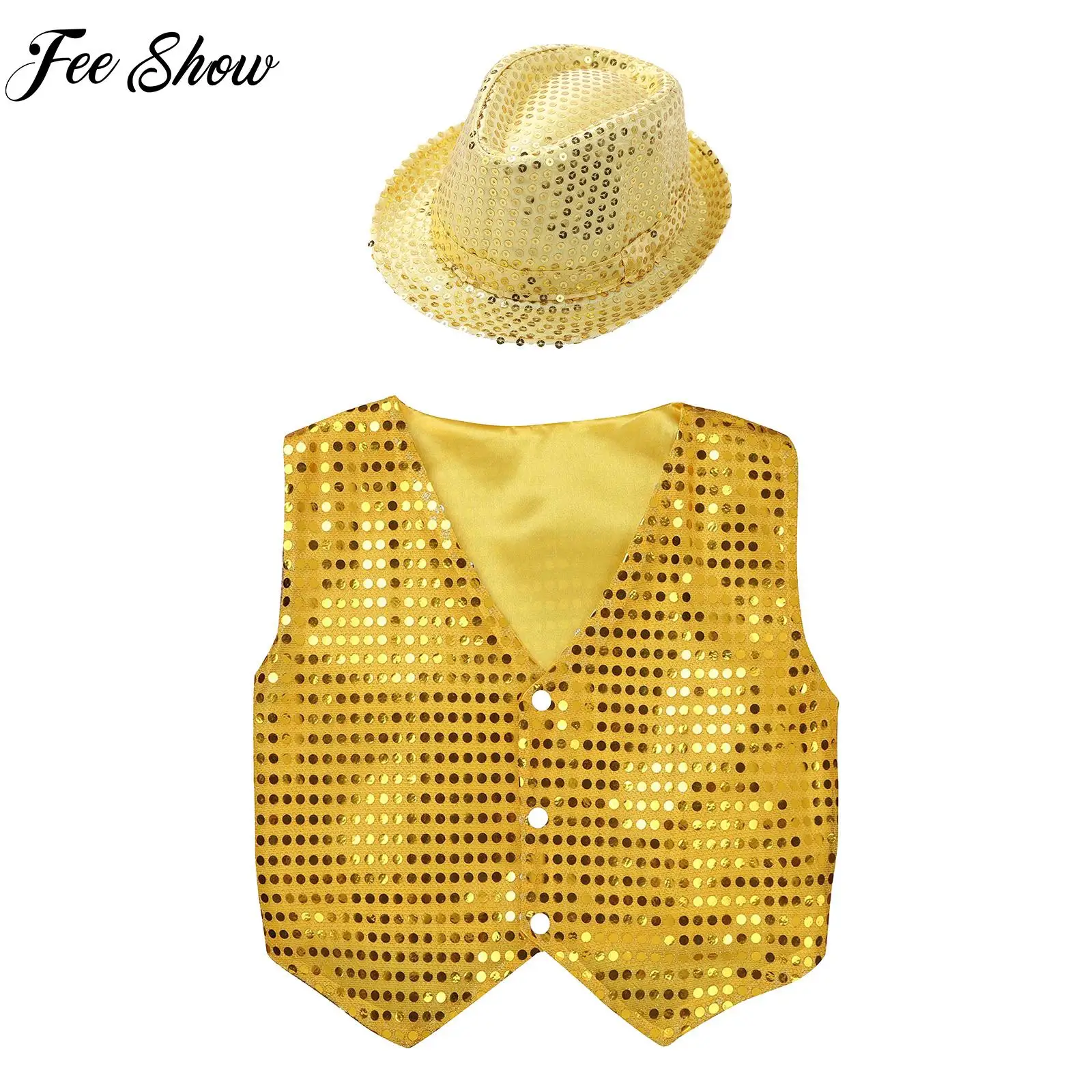 Kids Girls Boys Jazz Latin Cha-cha Sequin Vest Dancewear Glittery Sequined Waistcoat with Hat for Jazz Dance Stage Performance