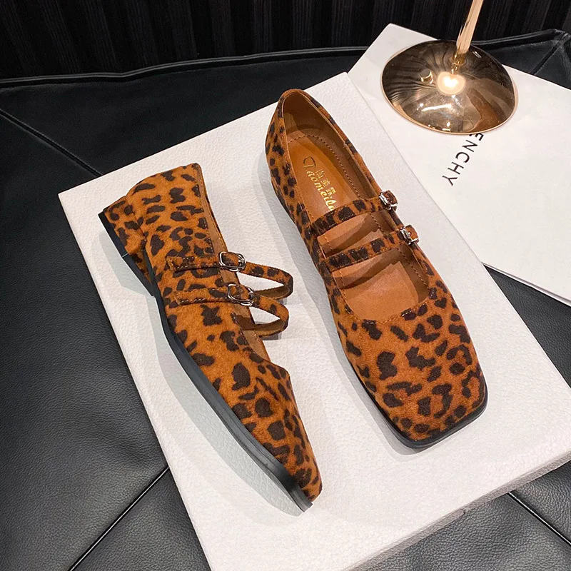

Mary Jane Shoes Women Flock Square Toe Buckle Loafers Casual Low Heels Shallow Slides Vintage Leopard Black Red Brown