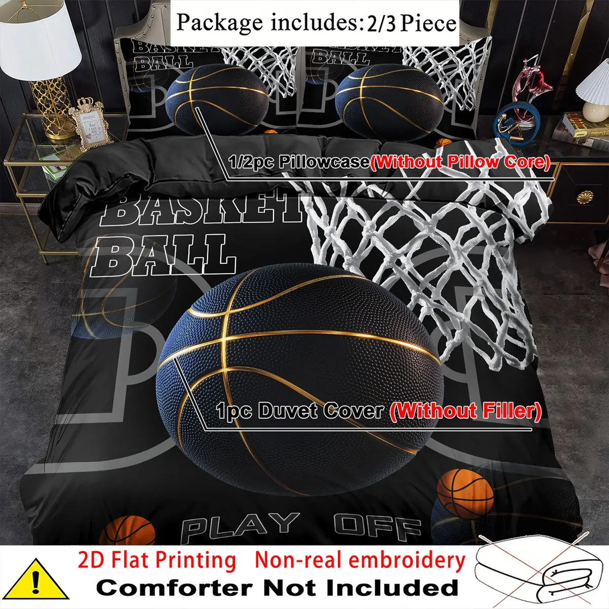 Black Duvet Cover Set Basketball Print Quilt Cover, King Queen Style Bedding Set Quilt Decor, Bedroom Guest Room, Birthday Gift