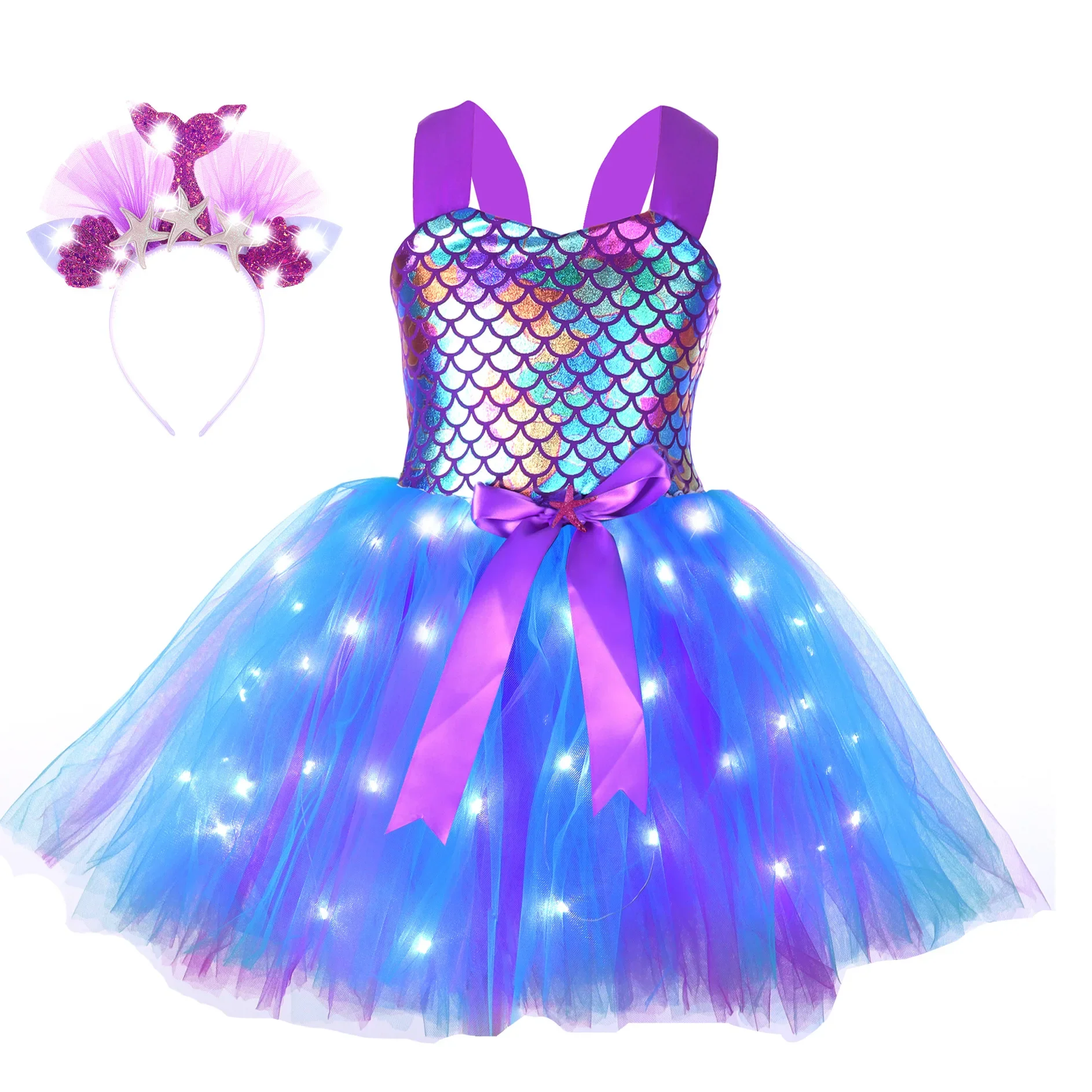 Vestidos de princesa de La Sirenita con LED para niños, vestido de tutú para fiesta de cumpleaños de sirena, Disfraces de Halloween, conjunto de ropa para niños