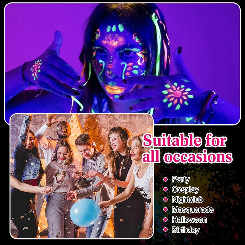 6pcs Set of 4pcs 10ml UV Glow Face & Body Paint,4 Stencil Stickers with Brush,Vibrant Glow Under Light Fluorescent Face Painting