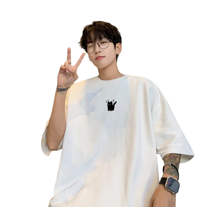 Men\'s Oversized T-shirts Fashion 5XL White Cotton T Shirt for Men Casual Summer Wear Funny Cat Print Tee Shirts Men Clothing