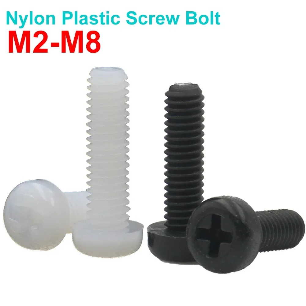 20/50/100szt M2 M2.5 M3 M4 M5 M6 M8 Gwint metryczny Czarny lub biały nylon Plastikowy krzyżak Phillips Śruba z łbem okrągłym