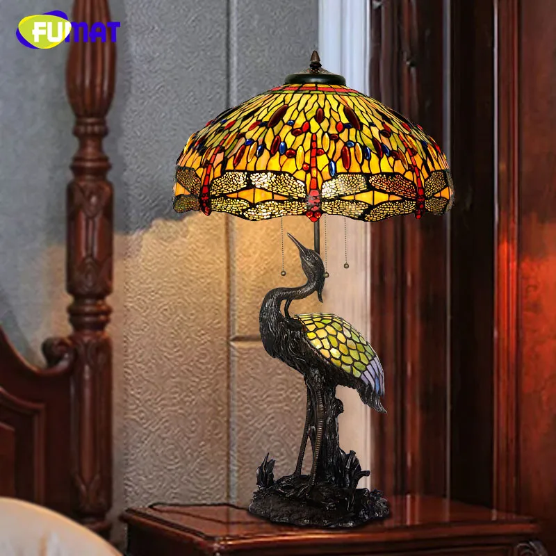 FUMAT Tiffany Style Stained Glass Table Lamp Creative Art Table Lights For Living Room Bird Bedside Crane Rise Frame Lightings