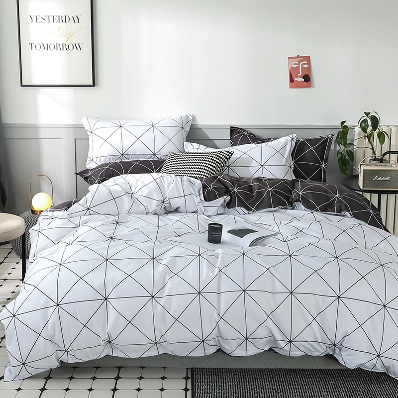 Conjunto de cama reversível Consolador, Preto e Branco Quilt Geométrica Capa com 2 Pillow Shams, Rainha e Rei Capa de Edredão, 3 PCs