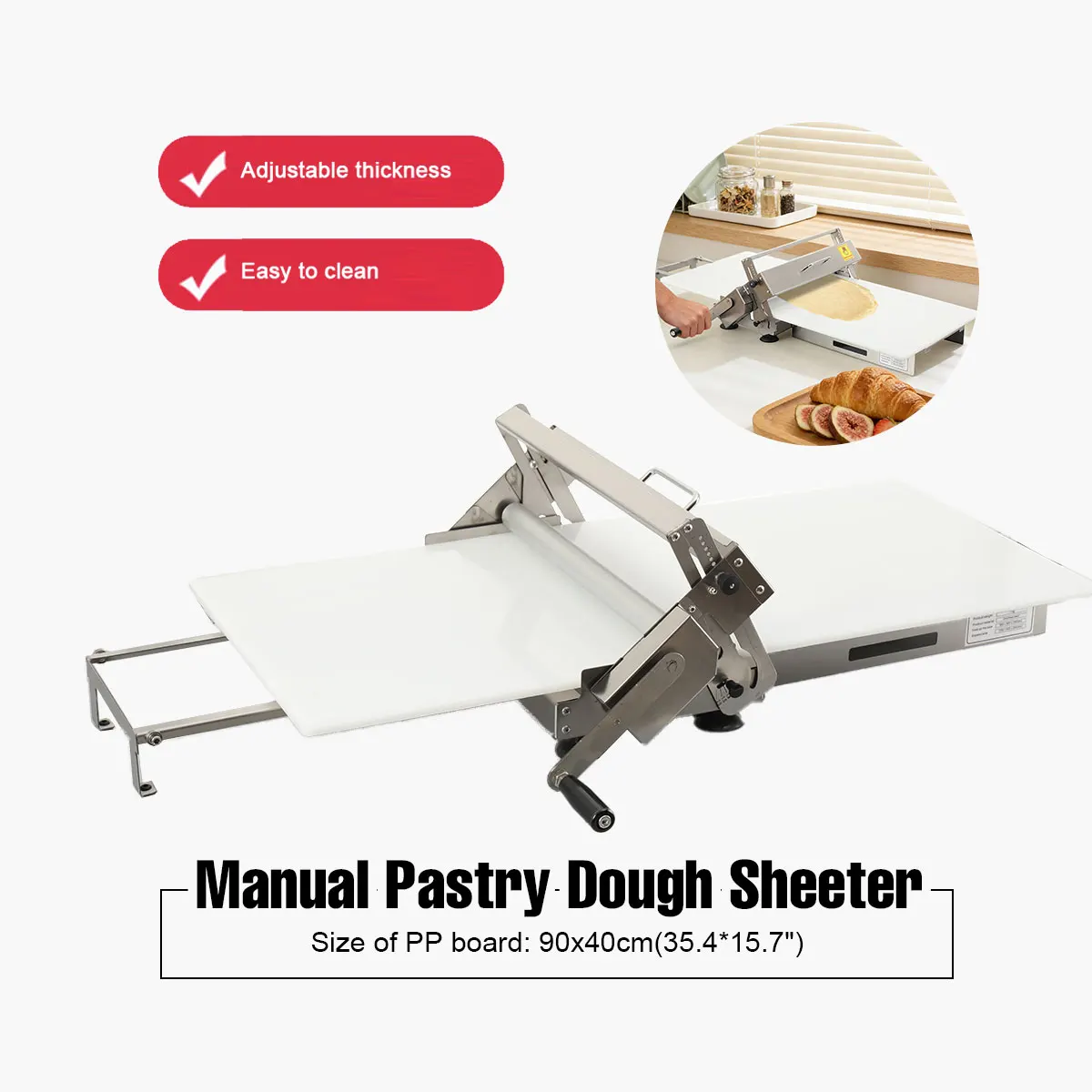 

1-25mm Croissant Dough Press Machine Manual Pastry Dough Sheeter Dough Roller Adjustable Thickness for Pizza Bread Pastry