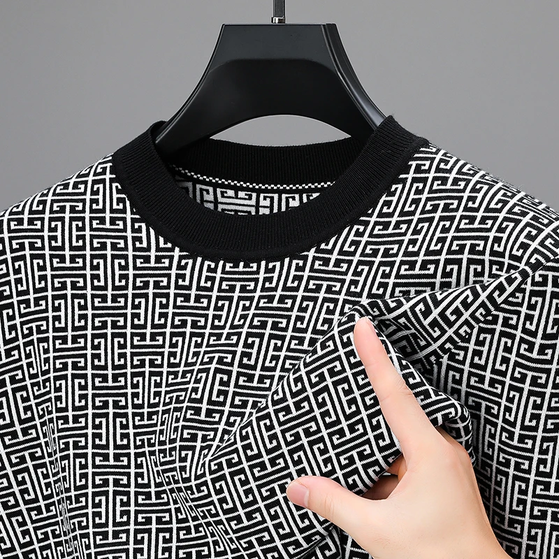 Роскошный качественный мужской шерстяной вязаный свитер с круглым вырезом, мягкая теплая нежная жаккардовая рубашка с длинными рукавами, зимняя универсальная мужская одежда