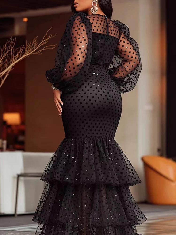 Abito da sera a pois taglie forti da donna Girocollo in rete trasparente Abito da ballo di fine anno Abito con volant a strati Abiti maxi formali chic