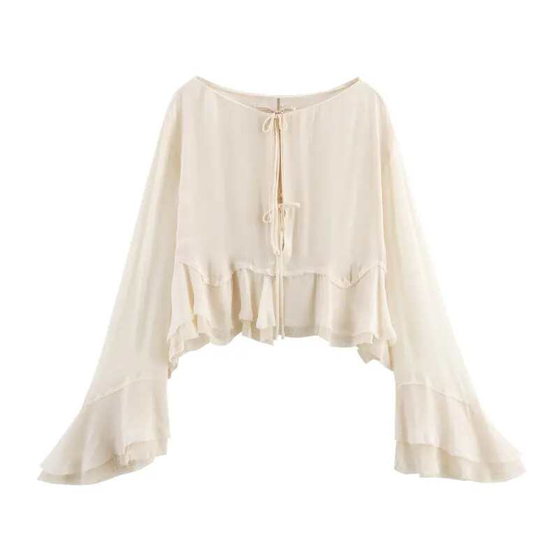 قميص نسائي فضفاض بأكمام جرس للربيع والصيف 2025، تصميم متعدد الاستخدامات، أنيق وعصري بأكمام طويلة، قميص أبيض