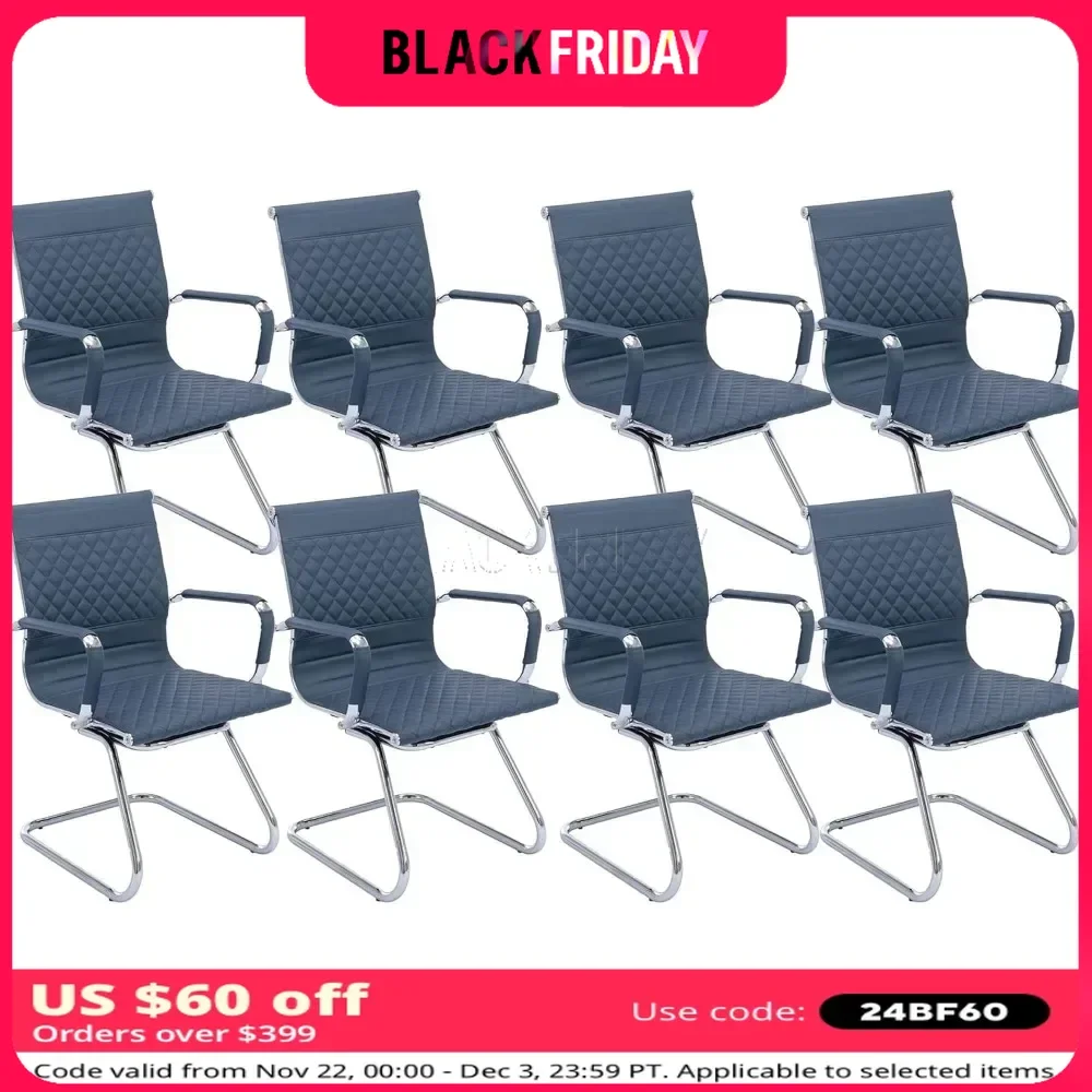 Chairs with Rhombic Grid Design Back, Faux Leather Chairs with Arms for Conference Room with Metal Sled Base, Set of 8,Navy Blue