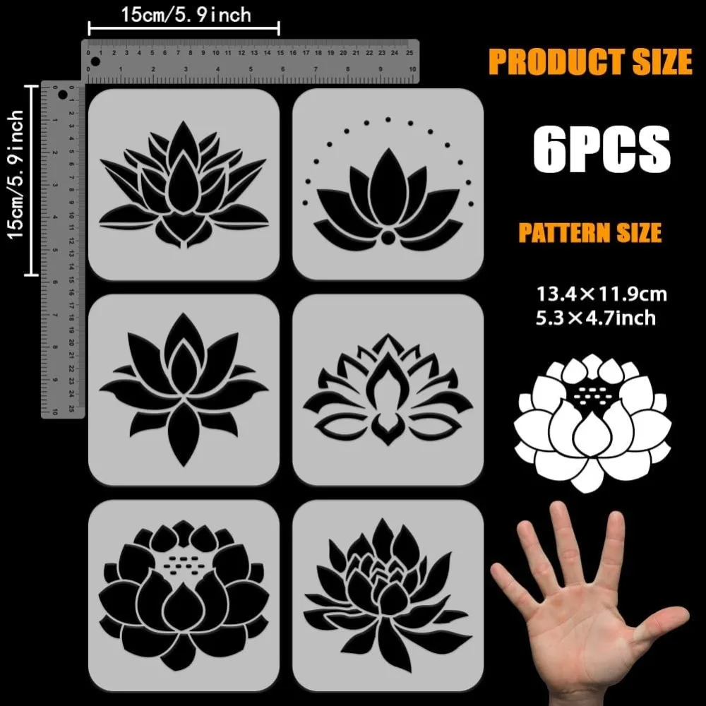 6 Pcs Lotus Flower Painting Stencil 5.9x5.9inch PET Lotus Symbols Spraying Stencil Flower Hollow Out Template for Painting