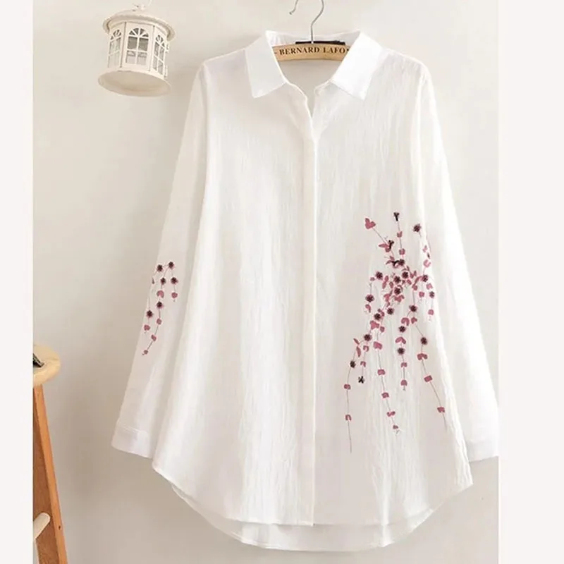

Весенняя свободная рубашка с вышивкой Femme, корейская женская льняная хлопковая блузка с длинными рукавами, пальто, женский кардиган большого размера 5XL, верхняя куртка