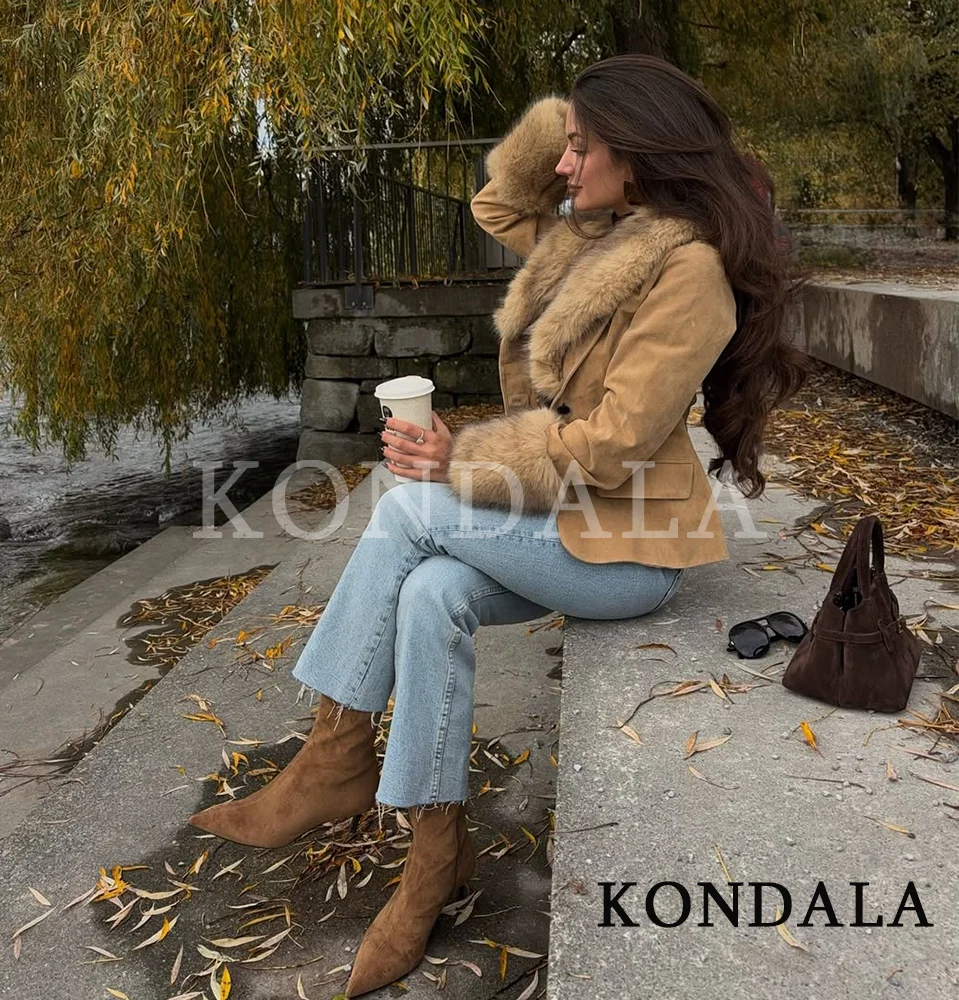 سترة KONDALA بياقة من الفرو للخريف من جلد الغزال سترة نسائية أنيقة بأزرار ضيقة موضة خريف 2025 سترة من الفرو الصناعي للشارع العالي #4