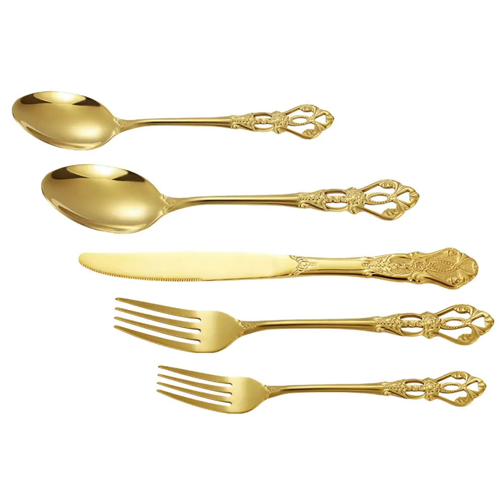 

Golden Retro Western Tableware Set Stainless Steel Steak Cutlery Dinner Fork Spoon Knife Practical Kitchen Utensils