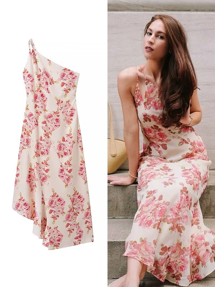 TRAF 여성 꽃 무늬 프린트 경사 어깨 홀터 드레스 패션 달콤한 스타일 불규칙한 디자인 허리 긴 드레스 섹시 우아한 