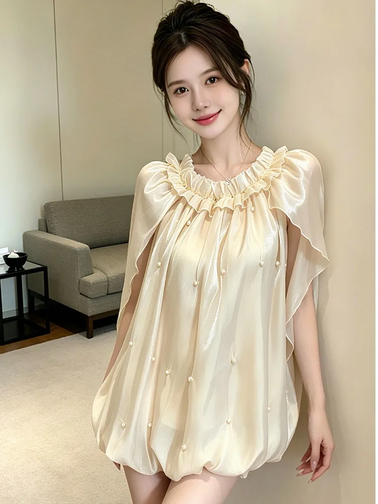 

Elegant Sweet Pure Beauty Summer Mesh Shirt Women's One-Shoulder Glowing Amazing High-End Feelings Curtain Call Pearl Embelli...