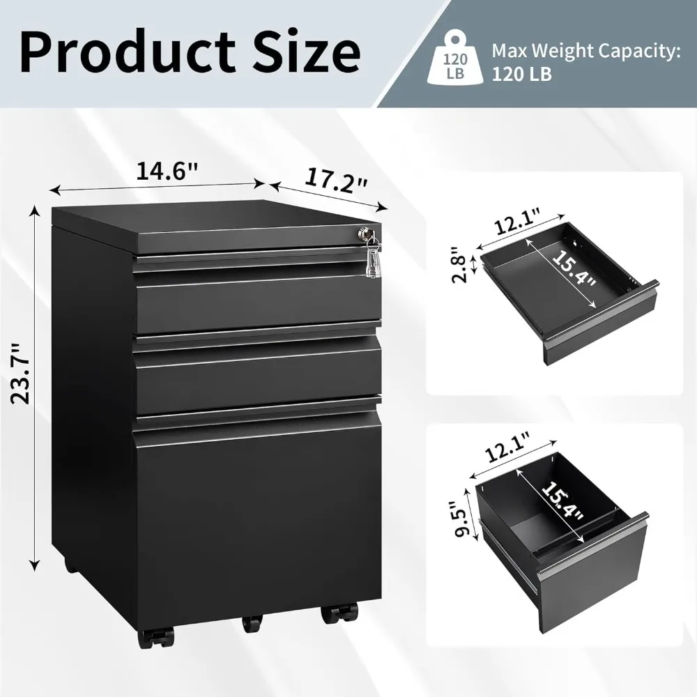 Filing Cabinets for Home Office, Mobile File Cabinet with Lock, 3 Drawer Filing Cabinet for A4/Letter/Legal Size Folder