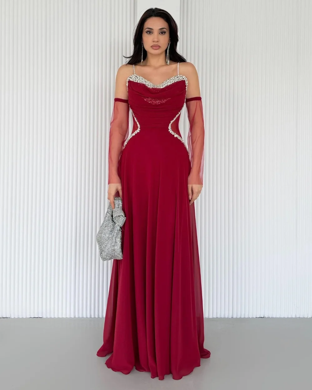 

Customized Red Sexy Pastrol Chiffon Pleat Ruched Rhinestone A-line Strapless Long Dresses Evening Dresses Exquisite High Quality