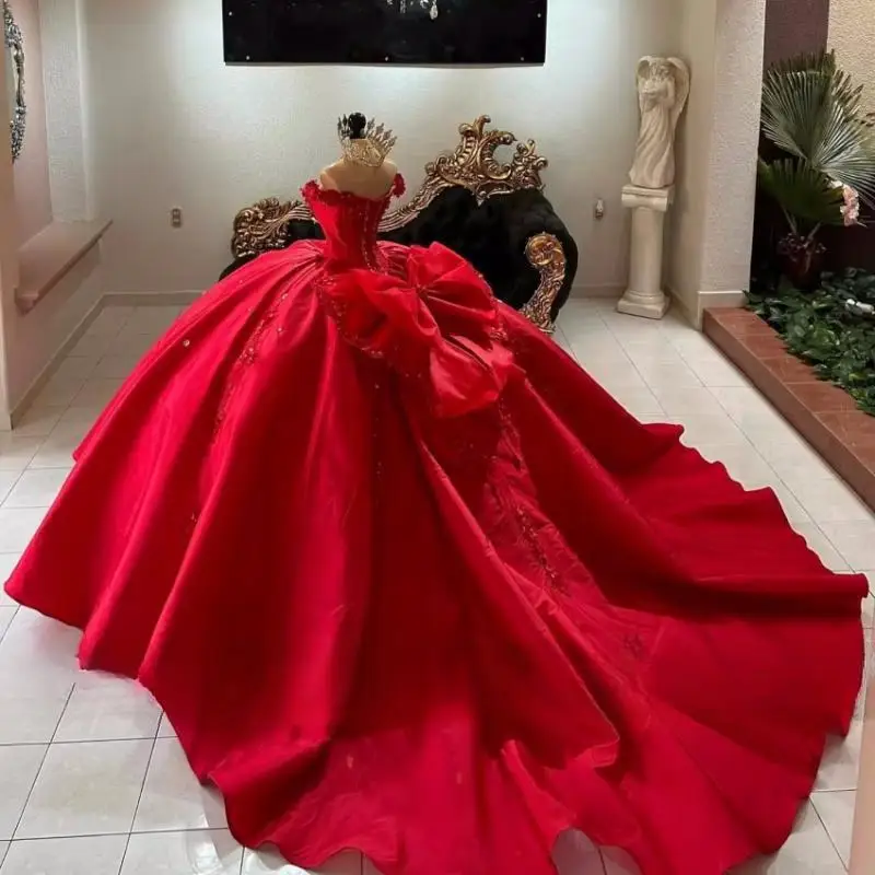 Customized Red Quinceanera Dress Ball Gown Bead Diamonds Appliques Graduation Party Gowns Vestidos De 15 Años With Bow