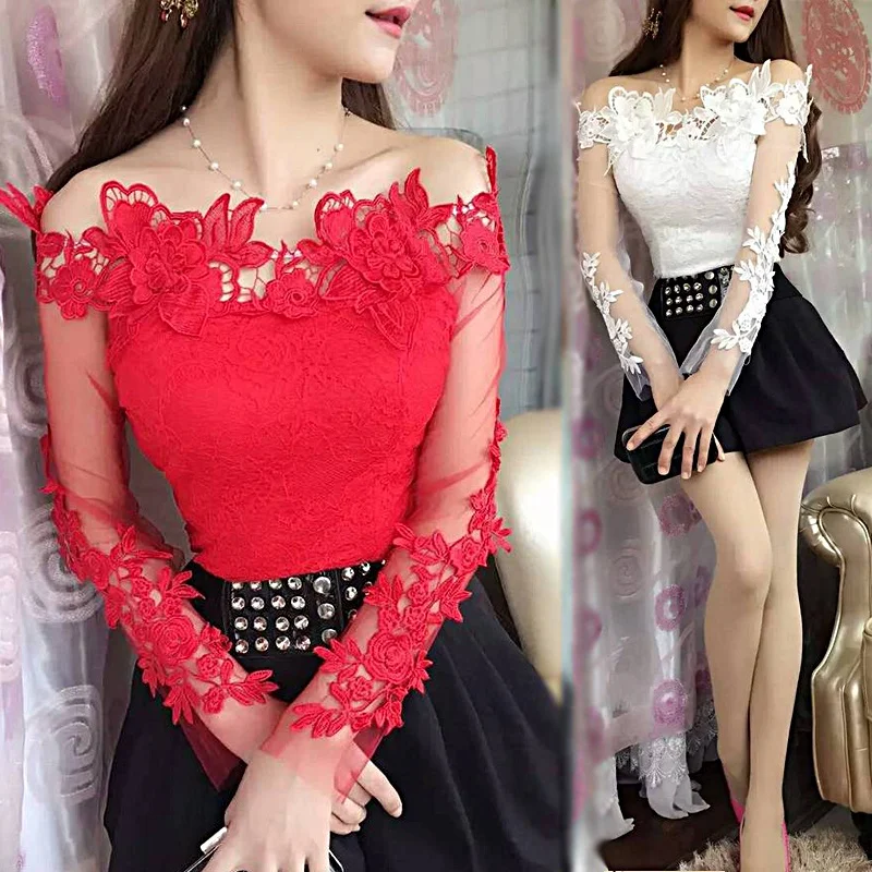 

Short Lace Shirt Women's Slim Fit Long Sleeve One Shoulder Hollow out Base Layer Top Korean Style Commute Pure Color Spring A...