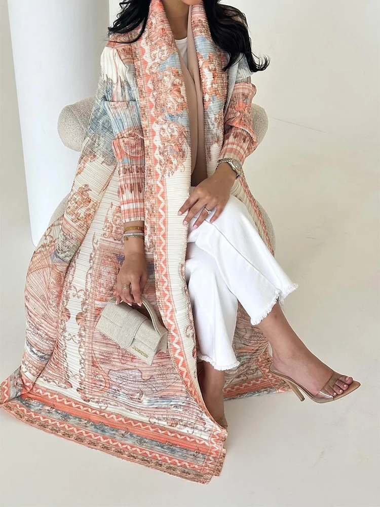 Arabian Dubai Pleated Robe Coat For Women Formal Fashion Clothing Luxury Evening Long Robe Female Plus Size Long Sleeves Coats