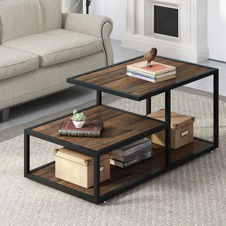 

Home Industrial Metal Frame Side Coffee Table With Storage Shelf