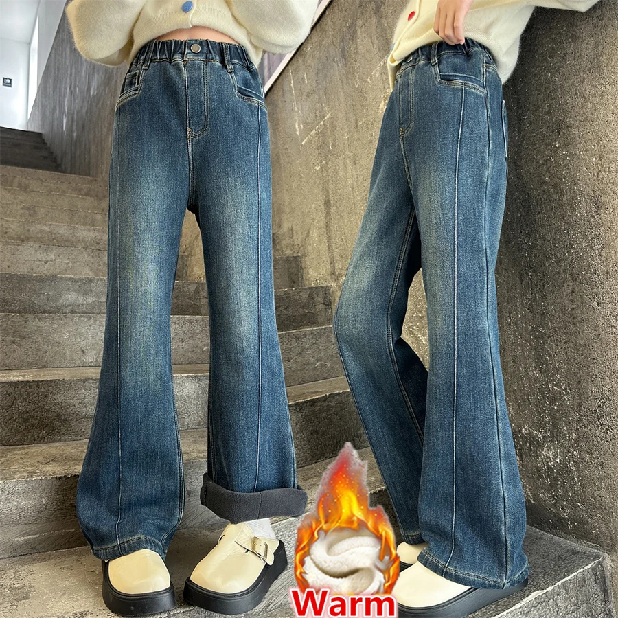 

Slim Fit Kids Girl Winter Warm Flared Thermal Jeans with Fleece Lined Trousers Children Casual Boot Cut Insulated Denim Pants