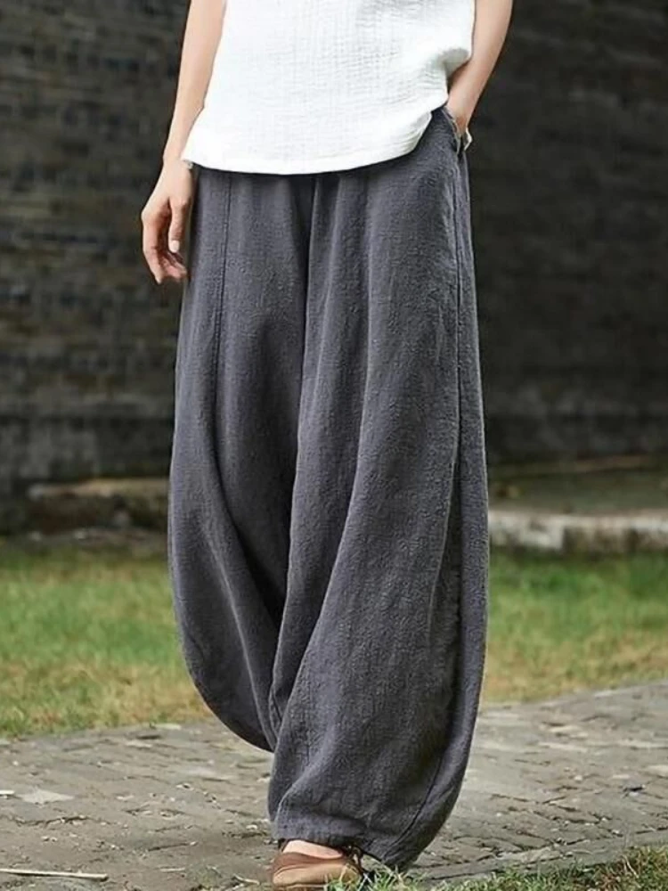 

Cotton Linen Bloomers Wide Leg Pants Women Vintage Full Length Fashion Elegent Pants Solid Elasitic Waist Spring Autumn 5XL