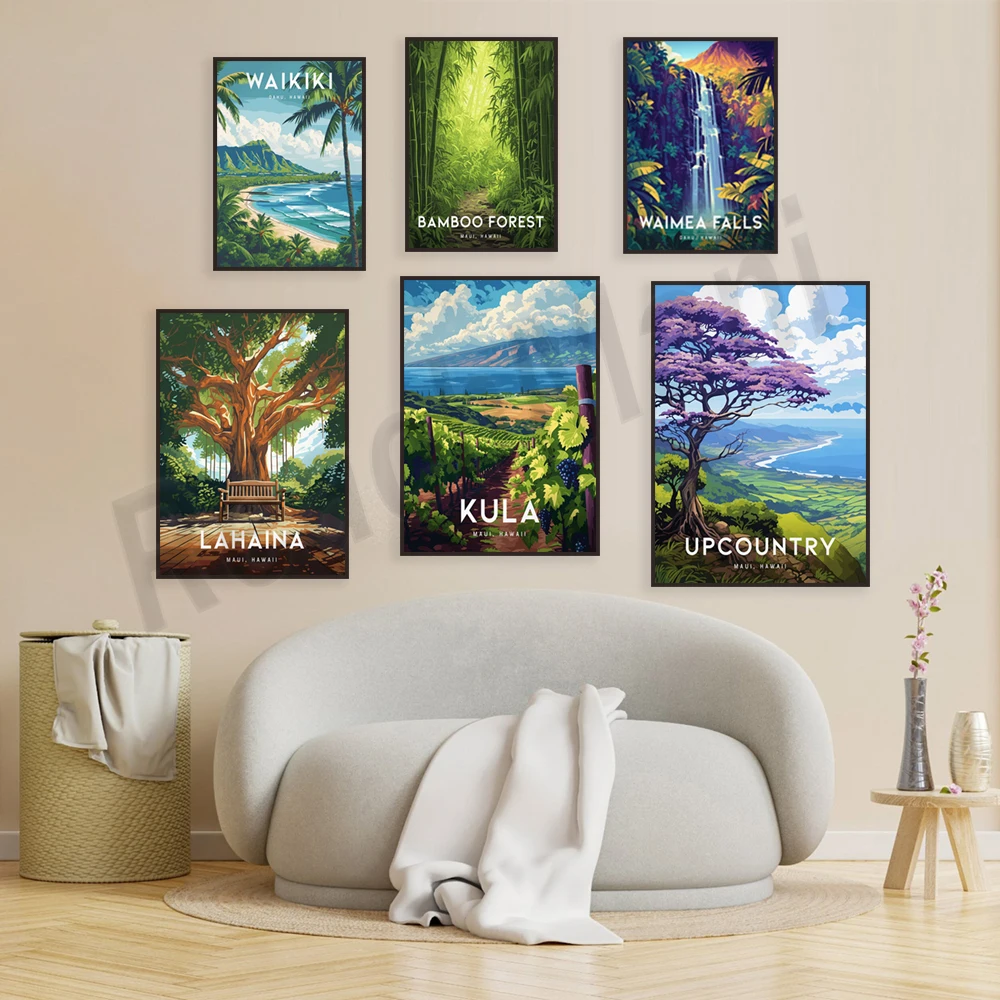 Hawaii Maui Lahaina, Kula Vineyards, Iao Valley Needle Peak, Manoa Falls, Kauai Hanalei Bay, Oahu, Manoa Falls travel poster