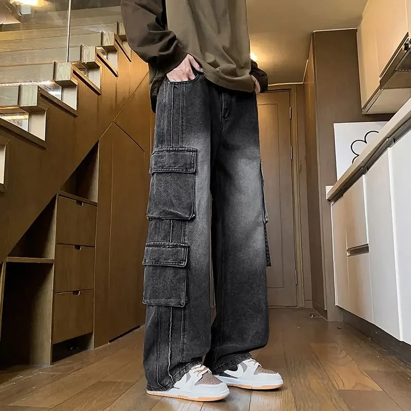 

2026 Spring Autumn Men's Loose Jeans Multi-pocket Work-wearing Jeans Street Hip-hop Straight Wide-leg Pants Baggy Dance Pants