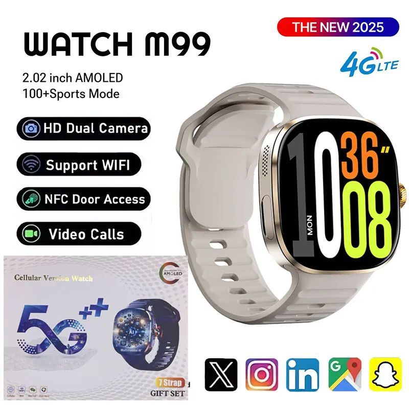 New M99 5G Smartwatch 2.4 Inch HD AMOLED Screen Android OS Rotary Camera Calls SIM Card WiFi Support Men Women Sports Bluetooth