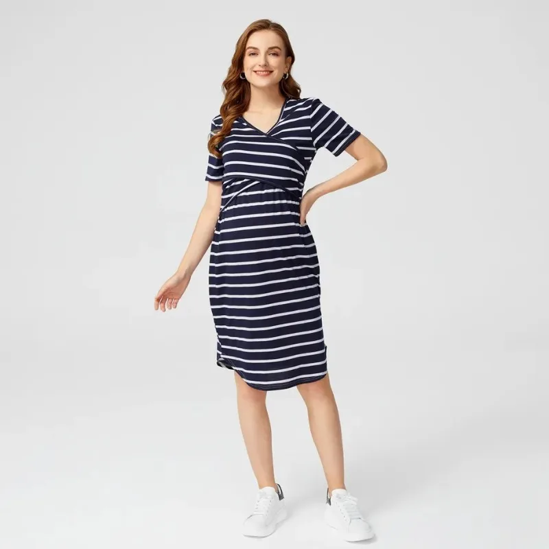 الصيف موضة الاتجاه الساخن بيع مخطط الرضاعة الطبيعية ملابس أمومة لينة مريحة الخامس الرقبة طول الركبة فستان حمل #1