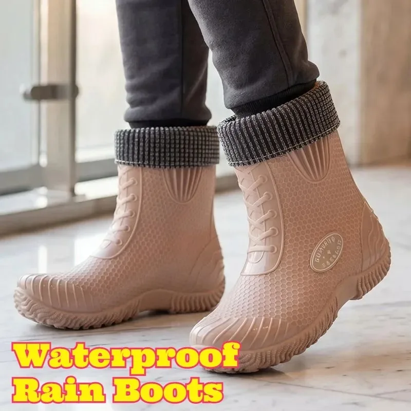 1 Pair of Womens Mid Calf Waterproof Rain Boots Anti Slip Wear Resistant Fleece Lined Comfortable Premium Fashion Outdoor Rubber