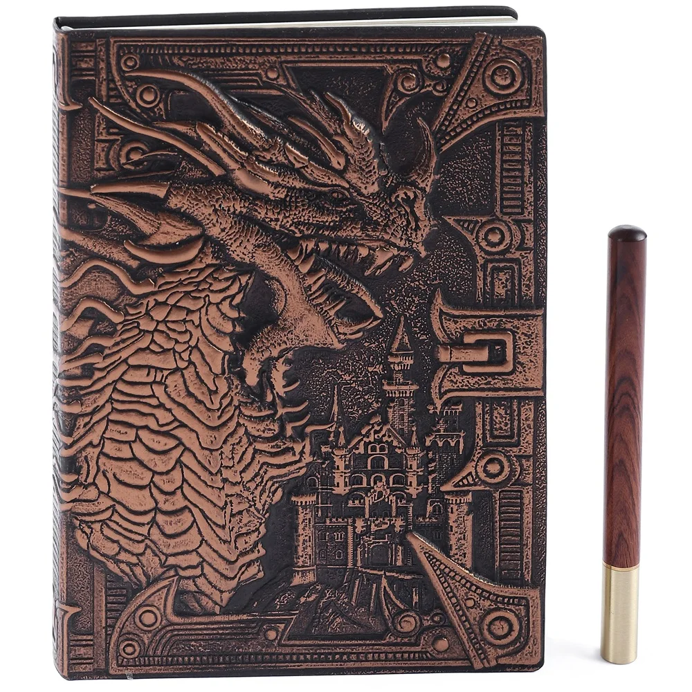 Cool Dragon Notebooks 3D Embossing Hard Cover A5 Journal Antique Diary With Wood Pen School Office Gift 200 Lined Pages Planner