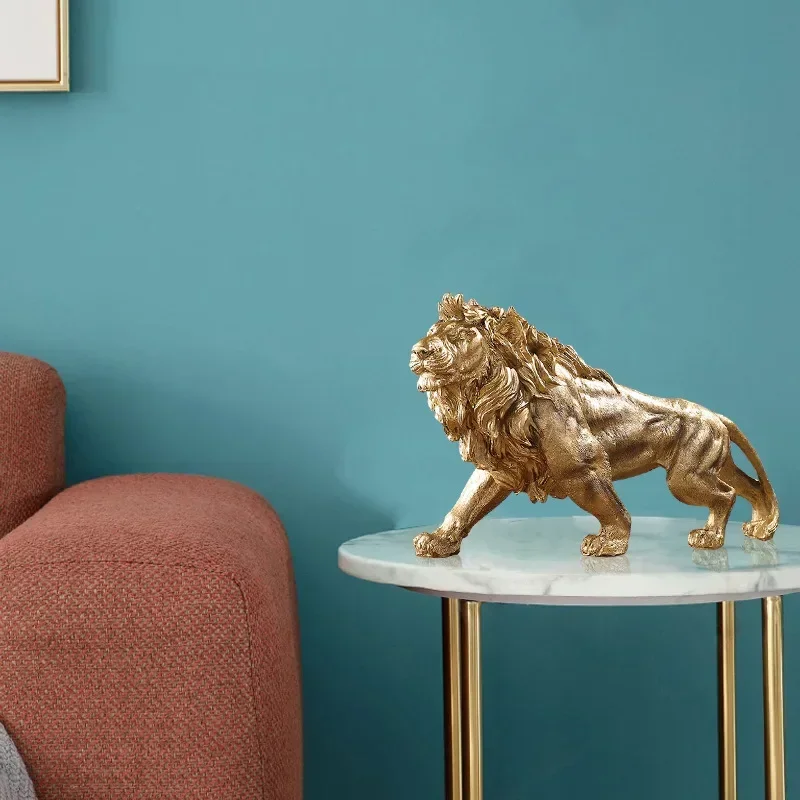 Złote król lew Ornament z żywicy biura na biurko do domu statua zwierząt akcesoria do dekoracji salonu Ornament dekoracyjny do domu