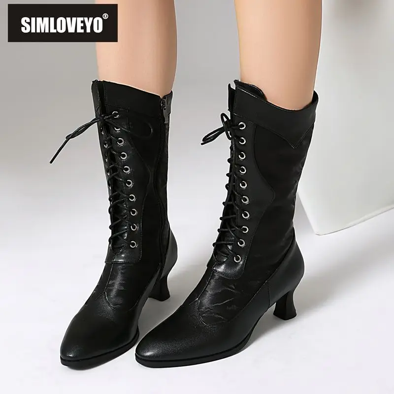 

SIMLOVEYO 2025 Роскошные женские сапоги до середины икры для женщин с острым носком, маленький каблук 5 см, молния, шнуровка, большие размеры 43 44 45, сексуальные ботильоны