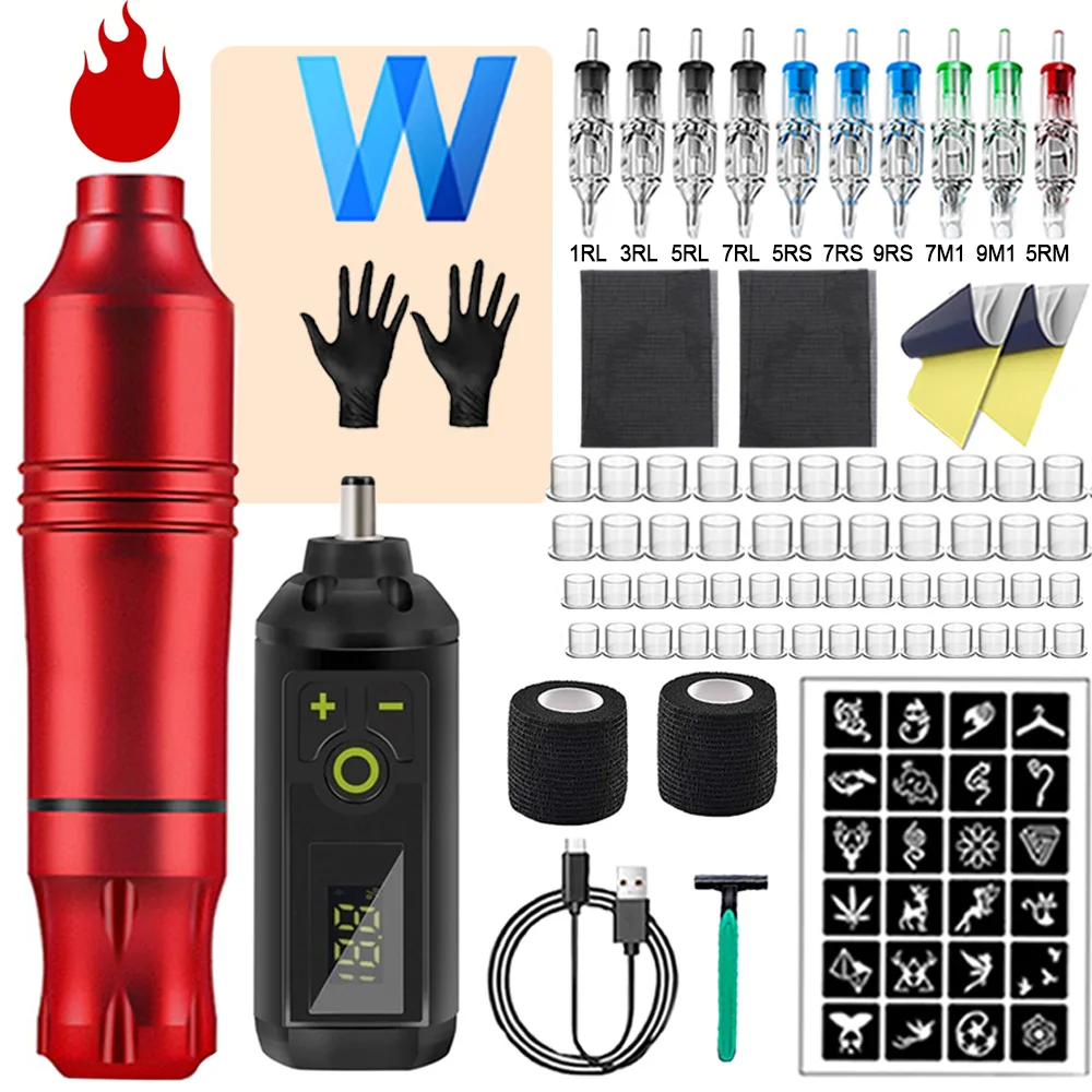 

Professional Wireless Rotary Tattoo Machine Kit with LCD Power Supply Mixed Cartridge Needles Set for Tattoo Artists Beginner