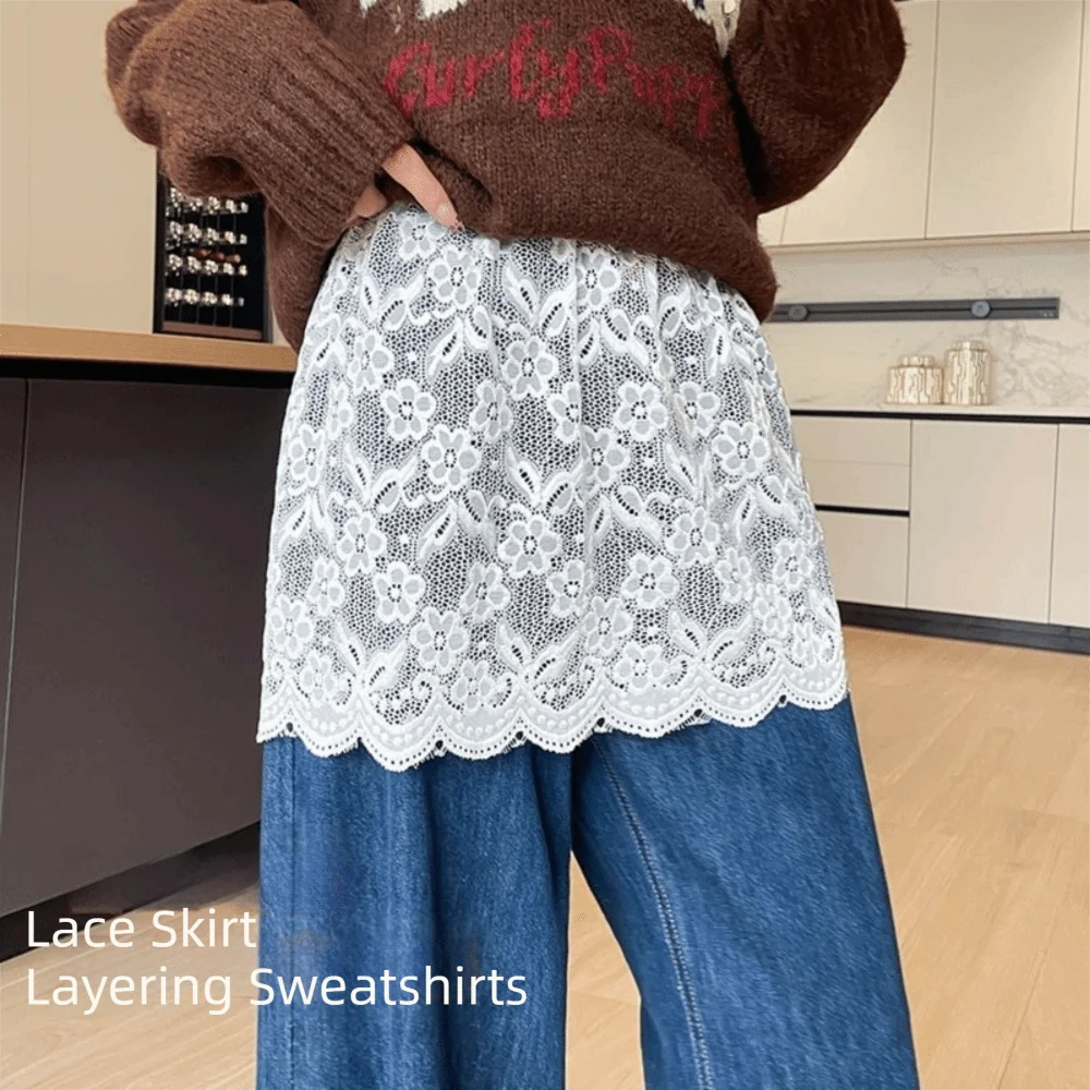 Trendy Lace Trim Fart Curtain for Women Flower Embroidery Pretty Mini Skirt Y2K Versatile Hip Curtain Trousers Decoration