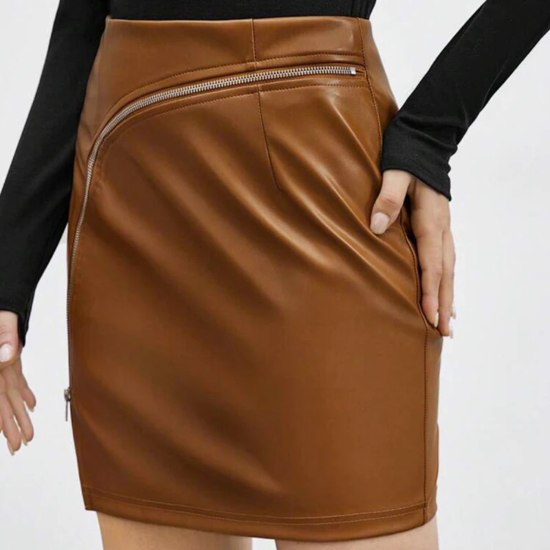 Fashionable Zippers Split Pleated Brown A-Line Skirts Trend High-Waisted Sexy Ruched Skirts Women Summer Slim Black Mini Skirts