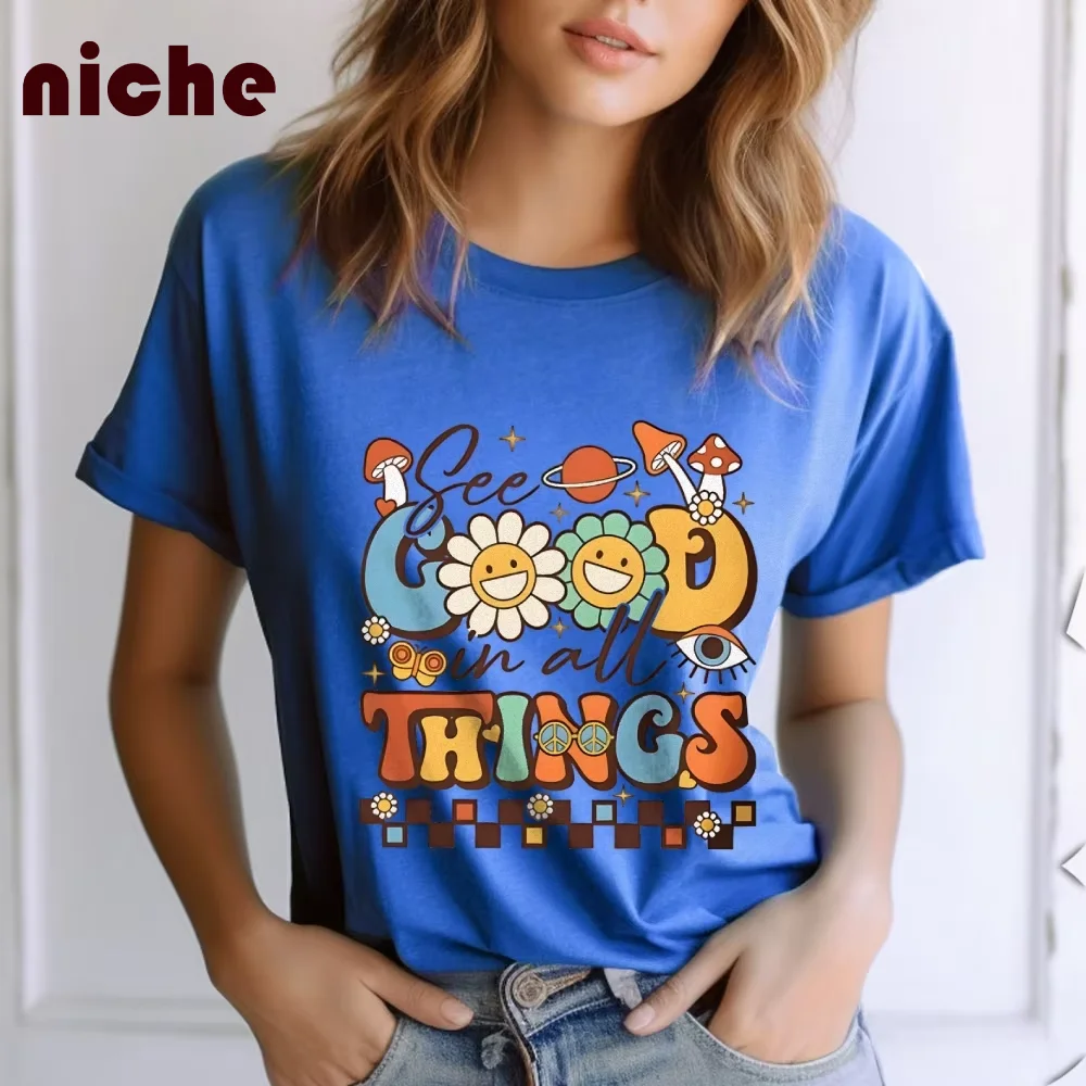 Women's T-Shirt Cotton High Quality Color Cartoon Letter Flower Graphic Printing Round Neck Front Shoulder Casual Short Sleeve