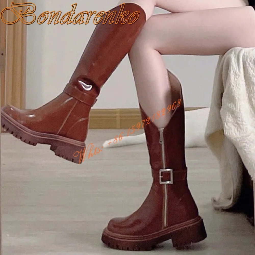 Platform Mid Western Diagonal Boots Round Toe Solid Leather Zipper Buckles Women Shoes Chunky Heels Knee High Boots Spring Party