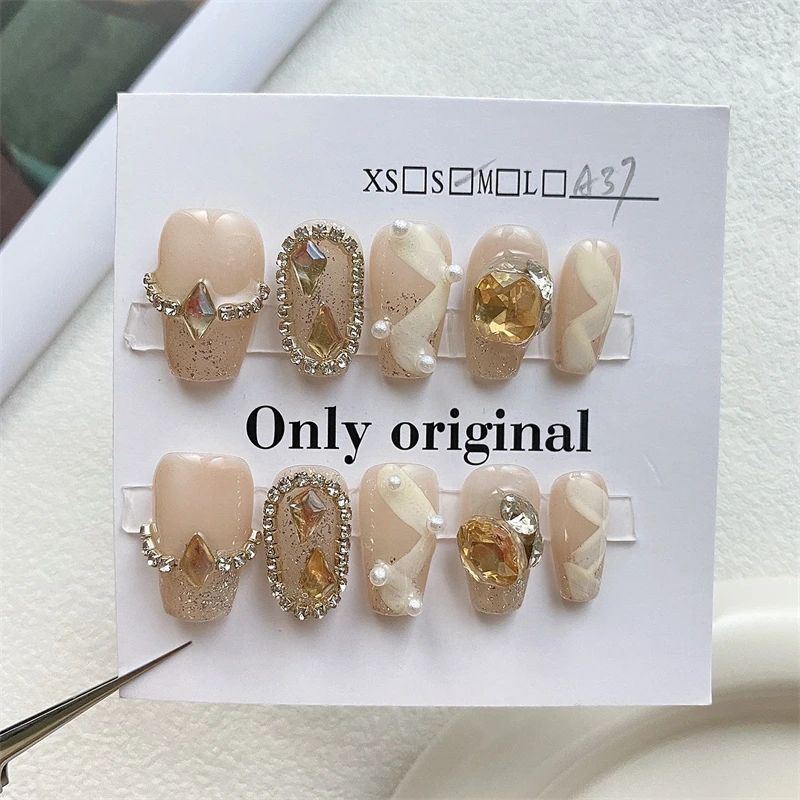 10 stuks handgemaakte pers op nagels lint ontwerp nepnagels strass herbruikbare lijm glitter manicure decoratie vingertoppen verkoop