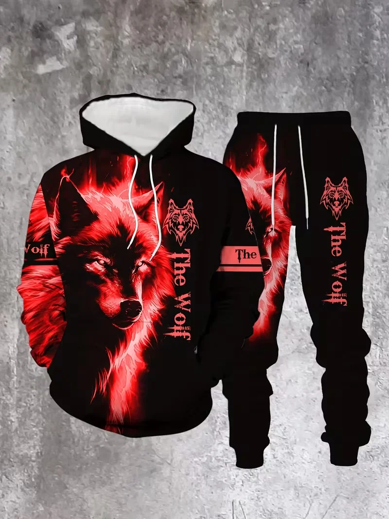 

Men's 3D Wolf Print Hooded Sweatshirt Joggers Set Casual Athletic Hoodies Pants 2-piece Basic Sportwear Outdoor Tracksuit Outfit