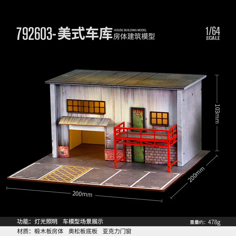 Diorama 1:64 modelo de estacionamiento americano casa pequeña edificio de madera con luces simulación coche garaje escena modelo de exhibición
