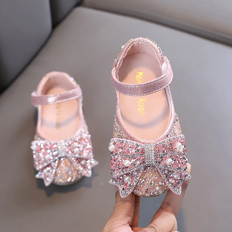 New Spring Autumn Girls Shoes Sequins Rhinestone Butterfly Princess Shoes Bling Flats Dance Party Performance Shoes H534