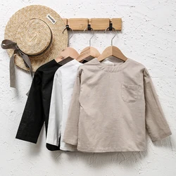 Children's Daily Casual Linen Shirt Autumn New Retro Boys And Girls Round Neck Back Buttons Cotton Linen Long-Sleeved Shirts