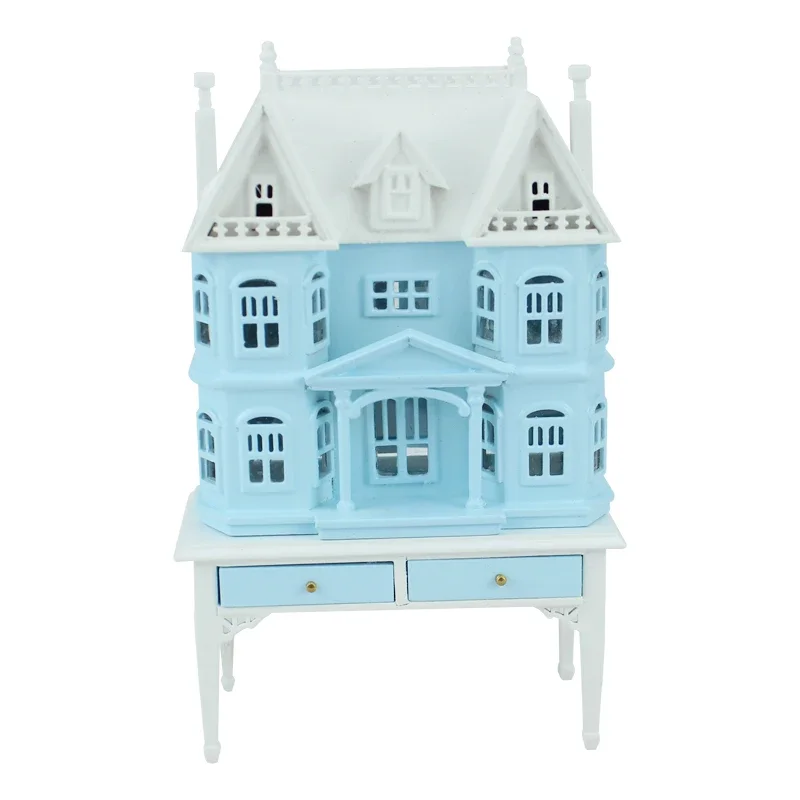 blue 1/144 scale Miniature DollHouse House shape on 1/12 scale table