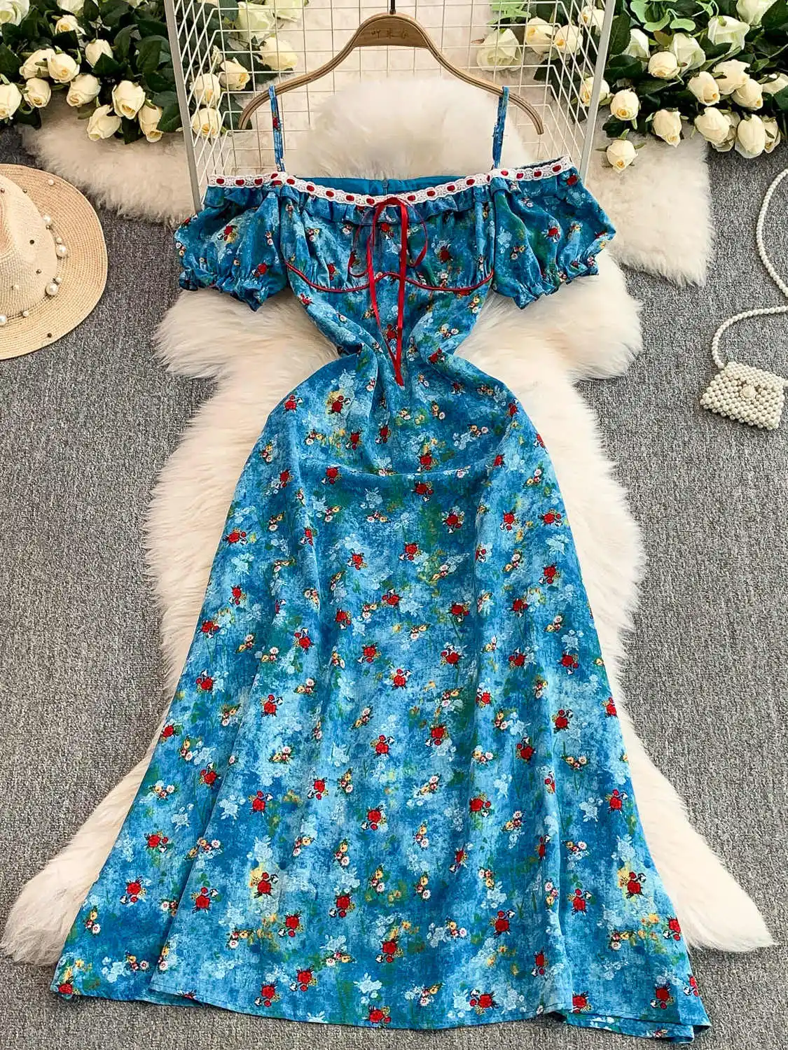 

Women's Blue Flower Print A-line Dress Vintage Elegant Sundress Slash Neck Mori Girl Dresses Y2k One Piece Frocks Clothes Summer