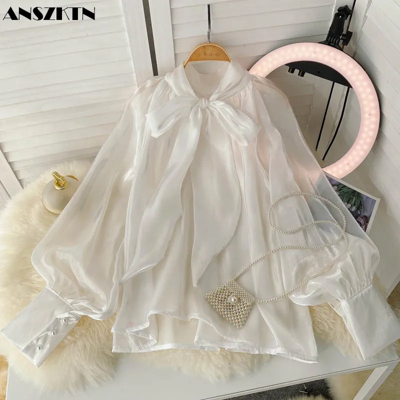 ANSZKTN Spring Fall New France Bow Celebrities Loose Sweet Lace Puff Sleeve Top For Women