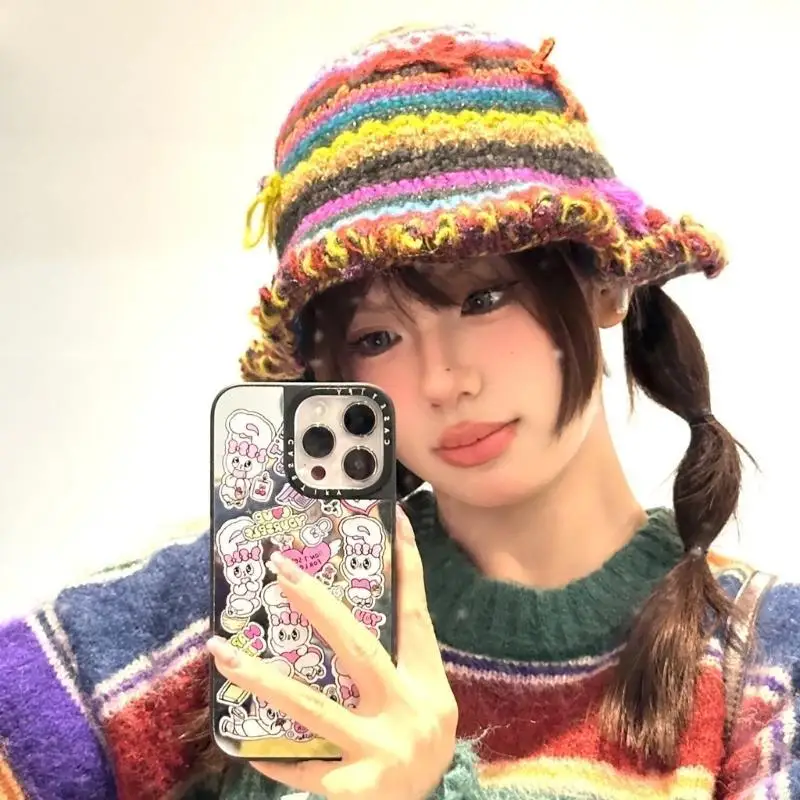 P88A لطيف القوس دلو قبعة Handcrochet محبوك قوس قزح مخطط بيني قبعة الصيد